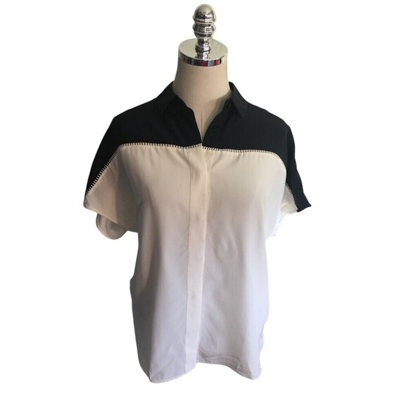 Akris Punto Top Women's Size Large Mulberry Silk Cap Sleeve Black White